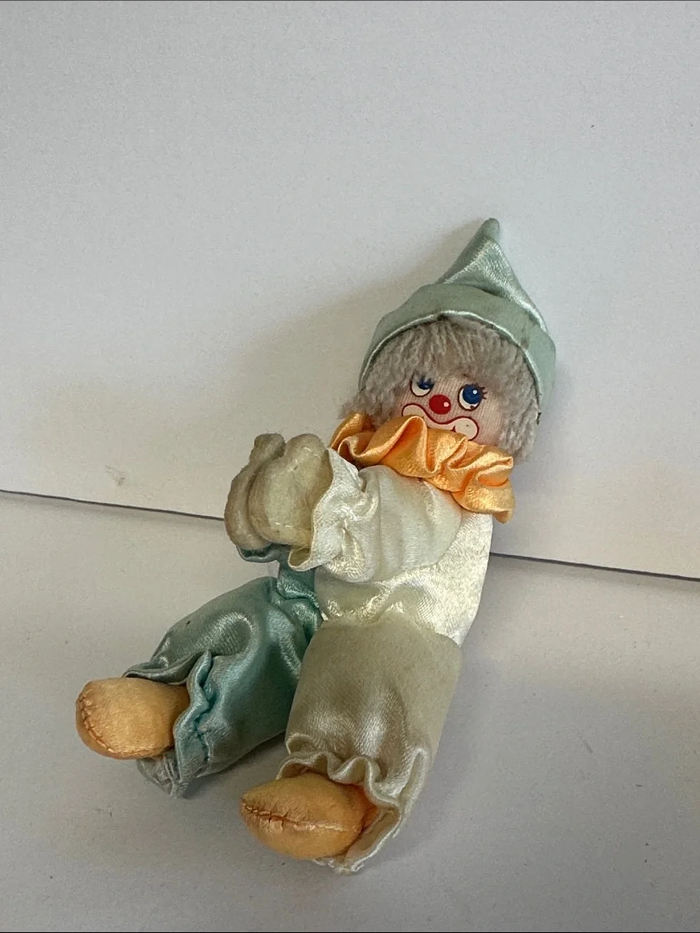 Plush Clown Doll in Mint, Cream & Yellow Satin